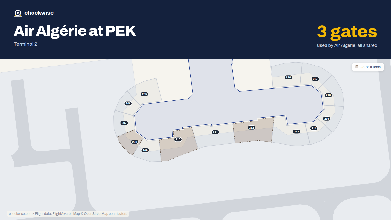Map of PEK with the gates Air Algérie uses highlighted: 208, 210 and 212.