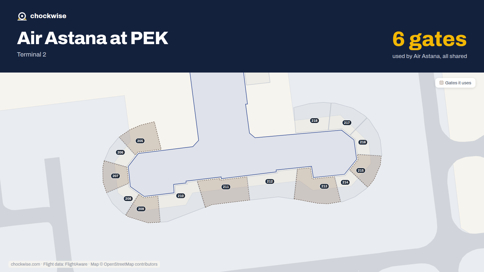 Map of PEK with the gates Air Astana uses highlighted: 205, 207, 209, 211, 213 and 215.
