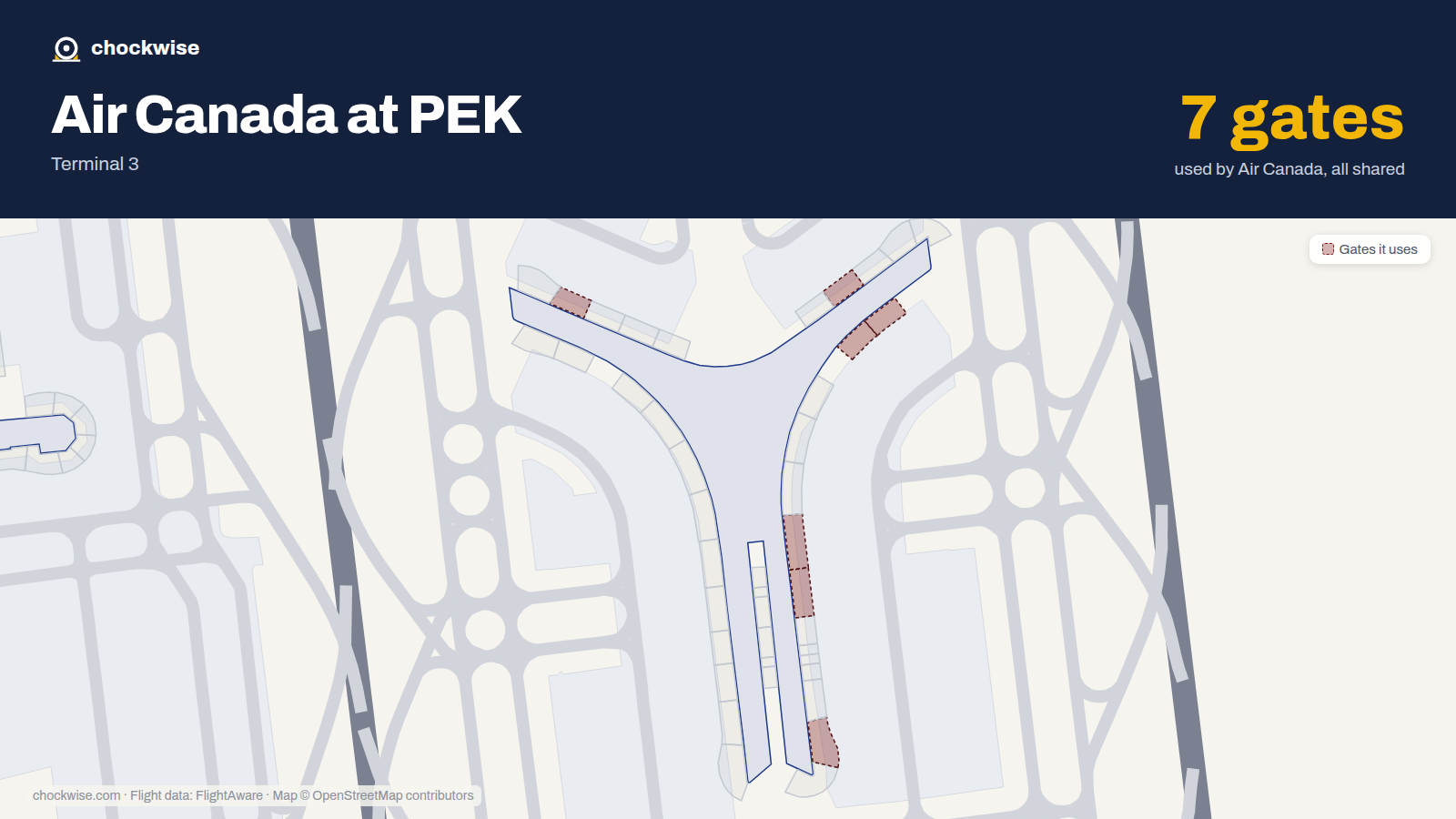 Map of PEK with the gates Air Canada uses highlighted: E03, E08, E09, E13, E14, E18 and E23.