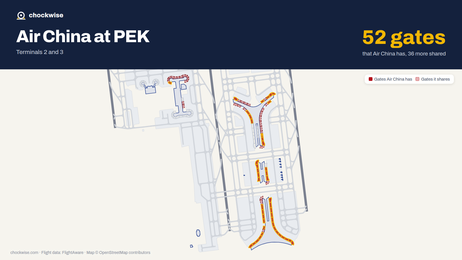 Map of PEK with the gates Air China uses highlighted: C01, C02, C03, D03, E03, C04, C05, D05 and 38 more.