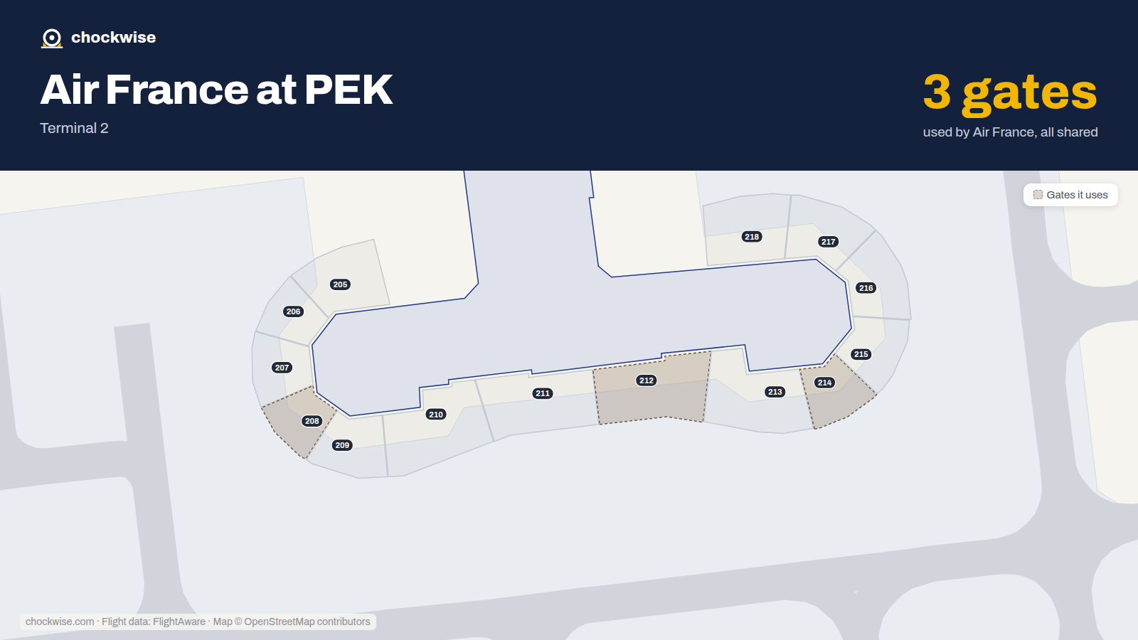 Map of PEK with the gates Air France uses highlighted: 208, 212 and 214.