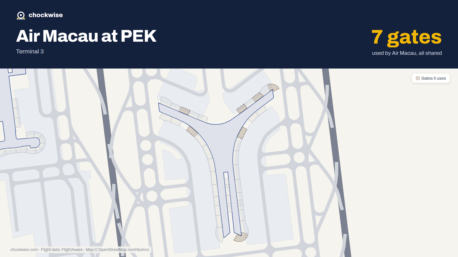 Map of PEK with the gates Air Macau uses highlighted: E01, E12, E15, E17, E19, E22 and E27.