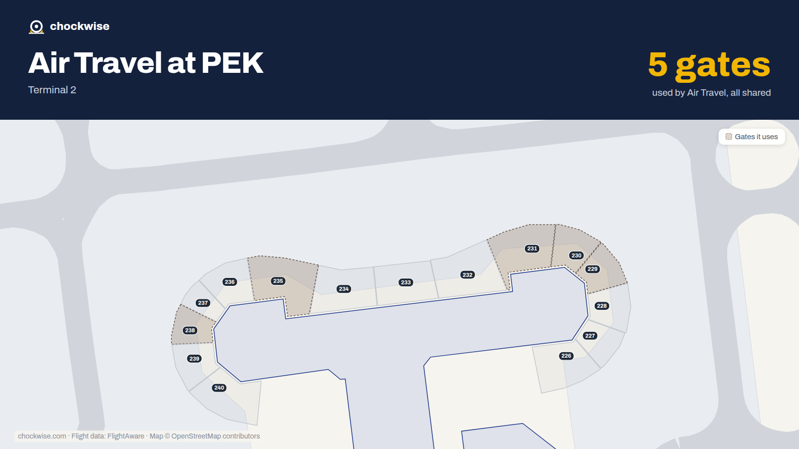 Map of PEK with the gates Air Travel uses highlighted: 229, 230, 231, 235 and 238.