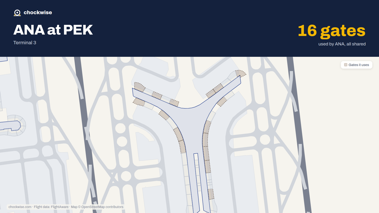 Map of PEK with the gates All Nippon Airways (ANA) uses highlighted: E05, E08, E09, E10, E11, E13, E15, E18 and 8 more.