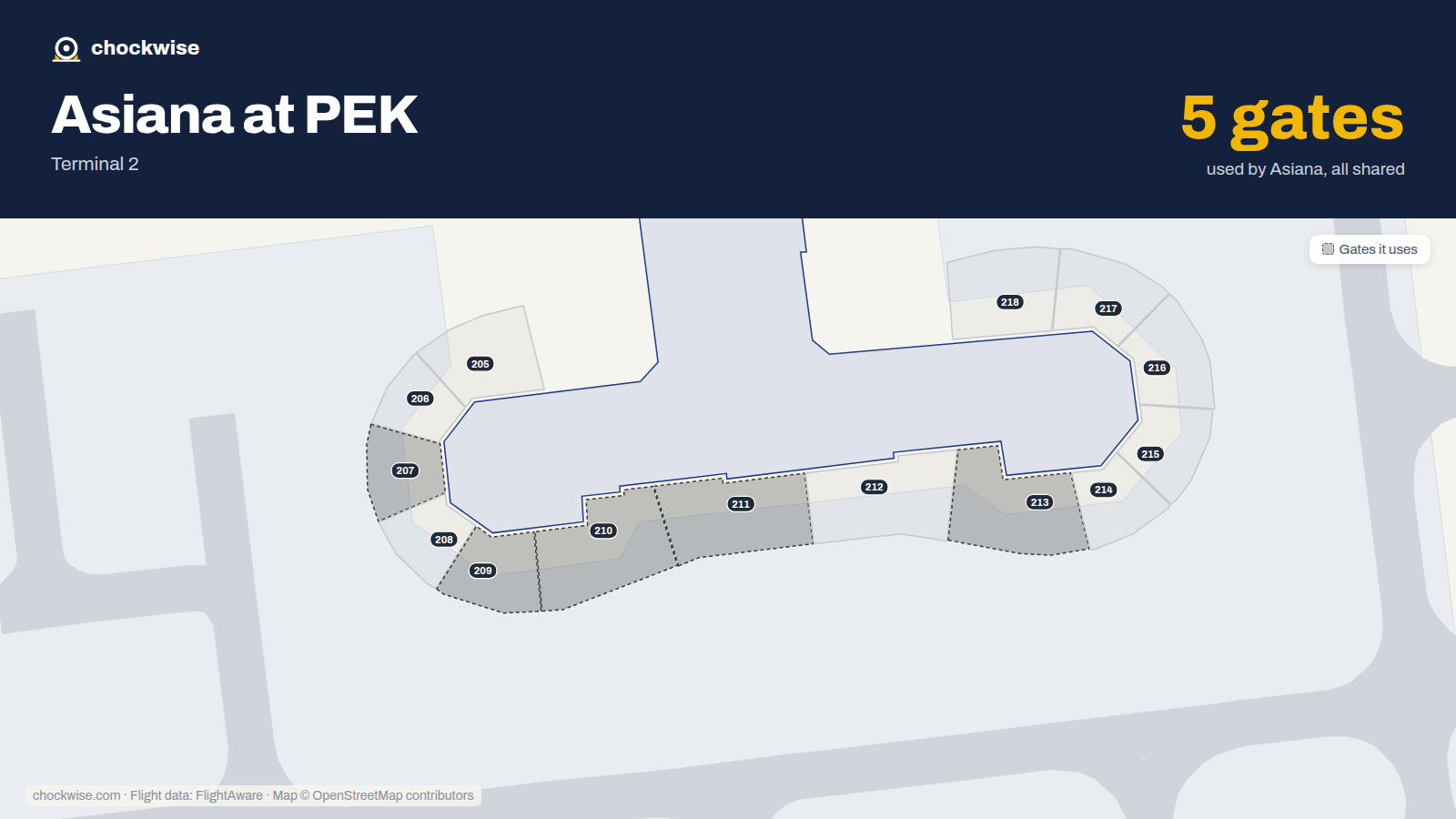 Map of PEK with the gates Asiana Airlines uses highlighted: 207, 209, 210, 211 and 213.