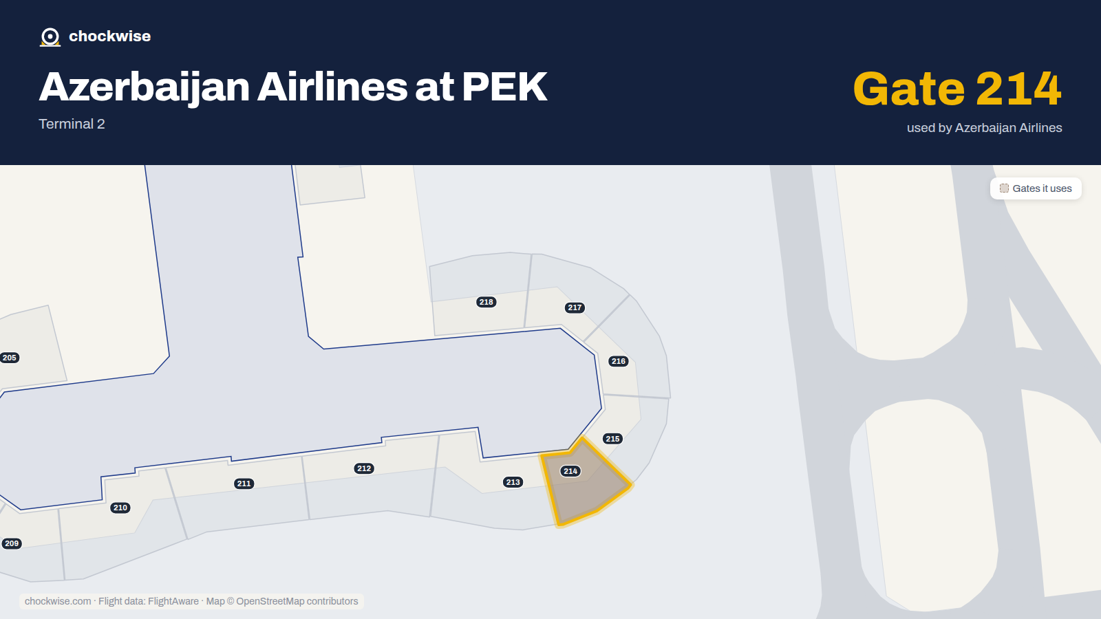 Map of PEK with the gates Azerbaijan Airlines uses highlighted: 214.