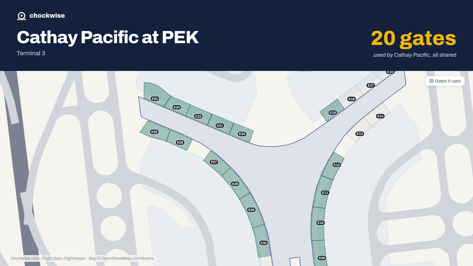 Map of PEK with the gates Cathay Pacific uses highlighted: E01, E03, E07, E08, E09, E10, E11, E12 and 12 more.