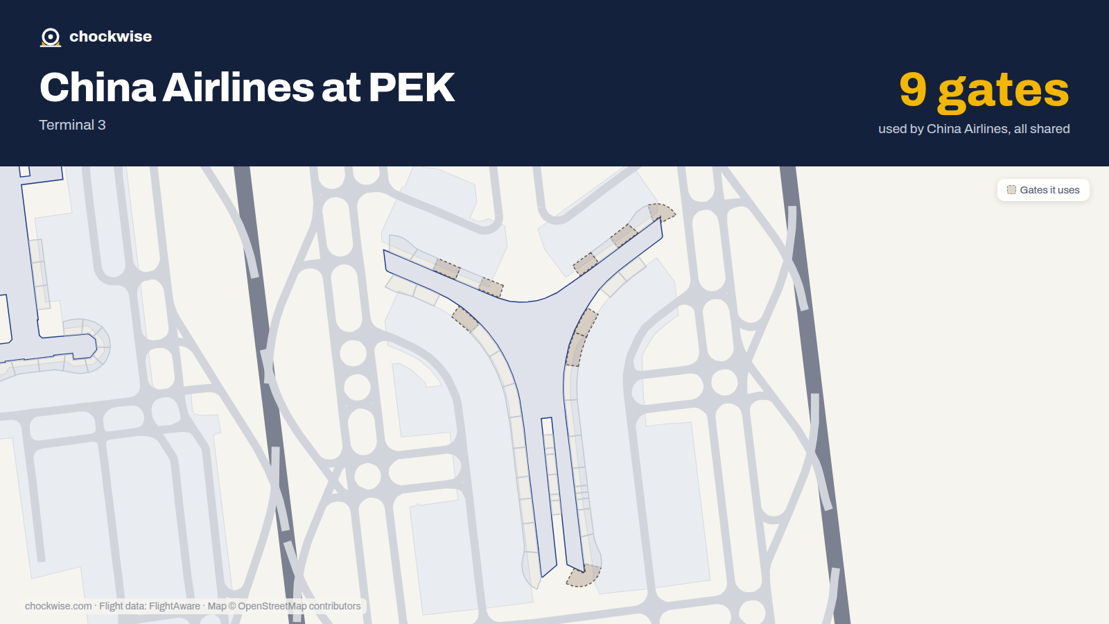 Map of PEK with the gates China Airlines uses highlighted: E01, E11, E12, E15, E17, E19, E20, E22 and 1 more.