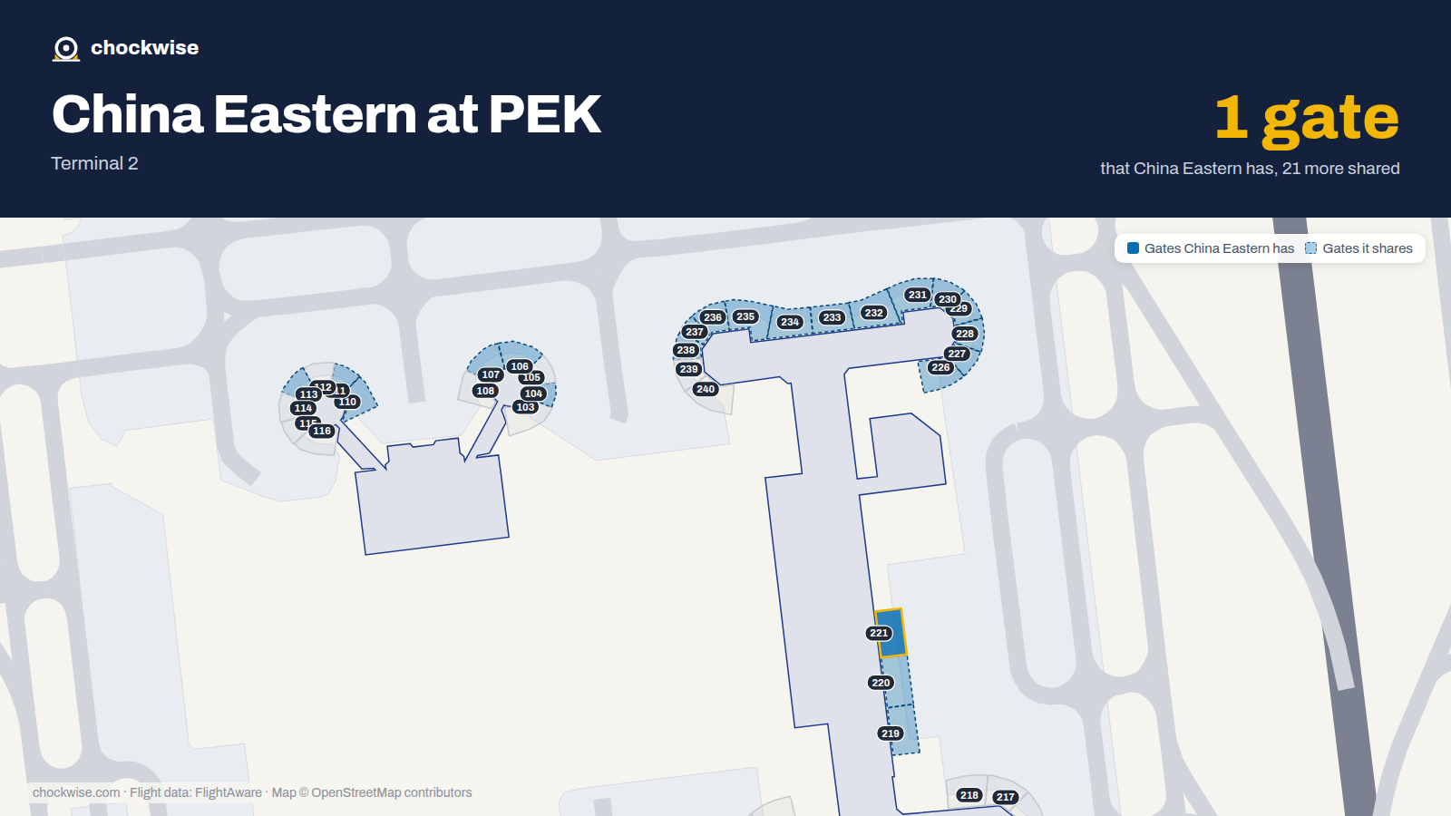 Map of PEK with the gates China Eastern uses highlighted: 221.