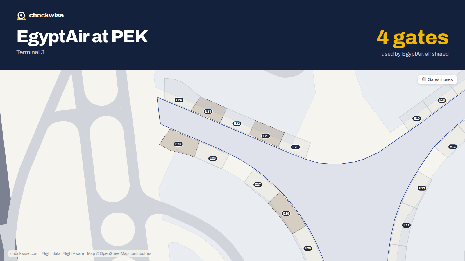 Map of PEK with the gates EgyptAir uses highlighted: E21, E23, E25 and E28.