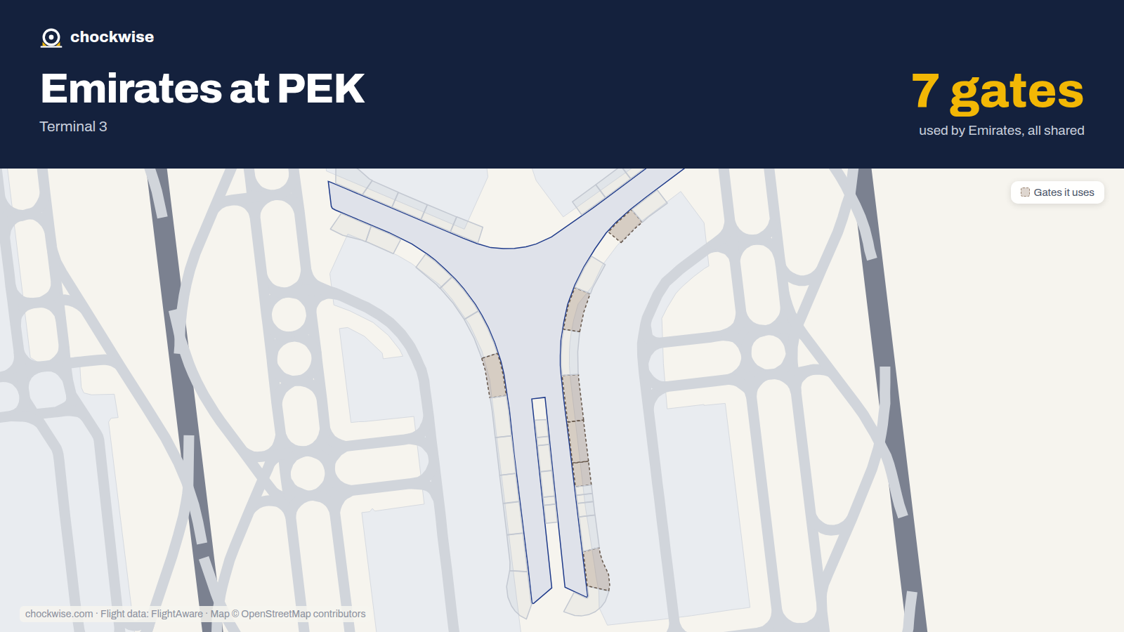 Map of PEK with the gates Emirates uses highlighted: E03, E07, E08, E09, E11, E13 and E30.