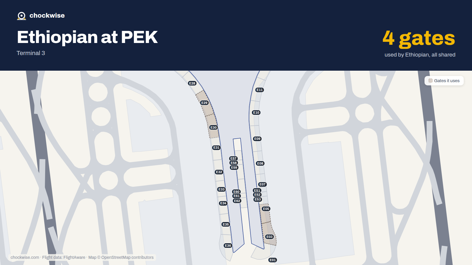 Map of PEK with the gates Ethiopian Airlines uses highlighted: E03, E05, E29 and E30.