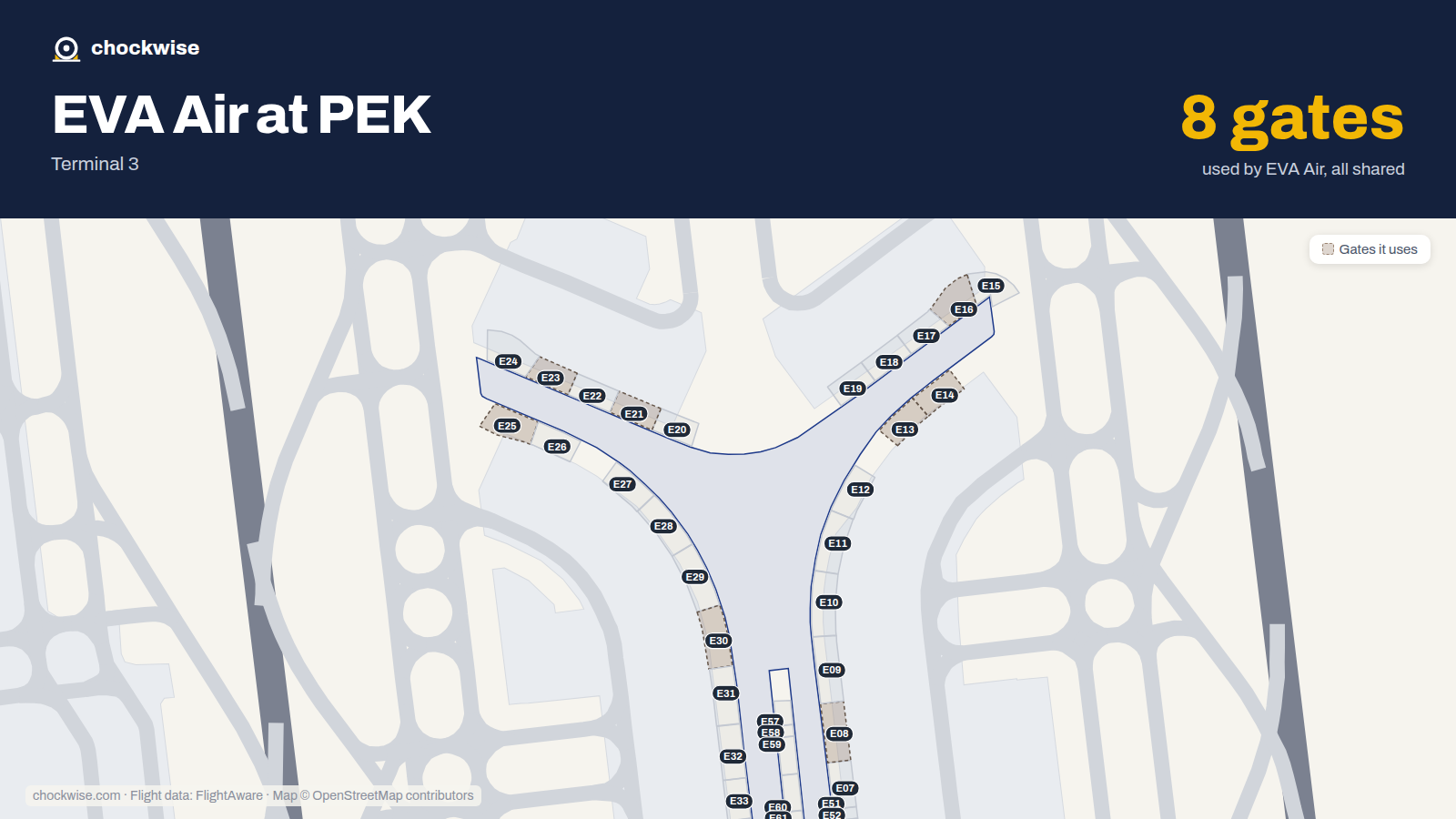 Map of PEK with the gates EVA Air uses highlighted: E08, E13, E14, E16, E21, E23, E25 and E30.