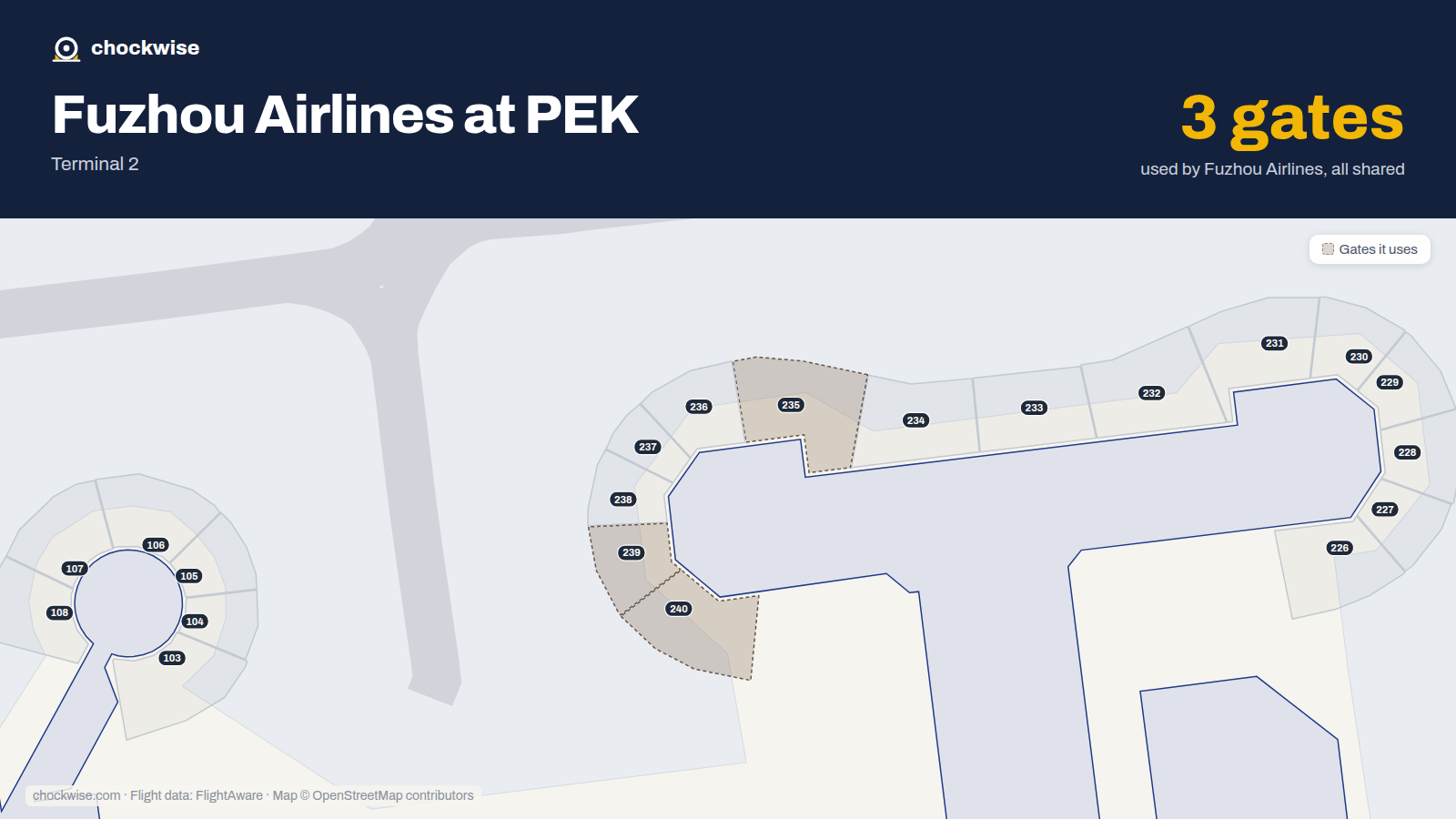 Map of PEK with the gates Fuzhou Airlines uses highlighted: 235, 239 and 240.