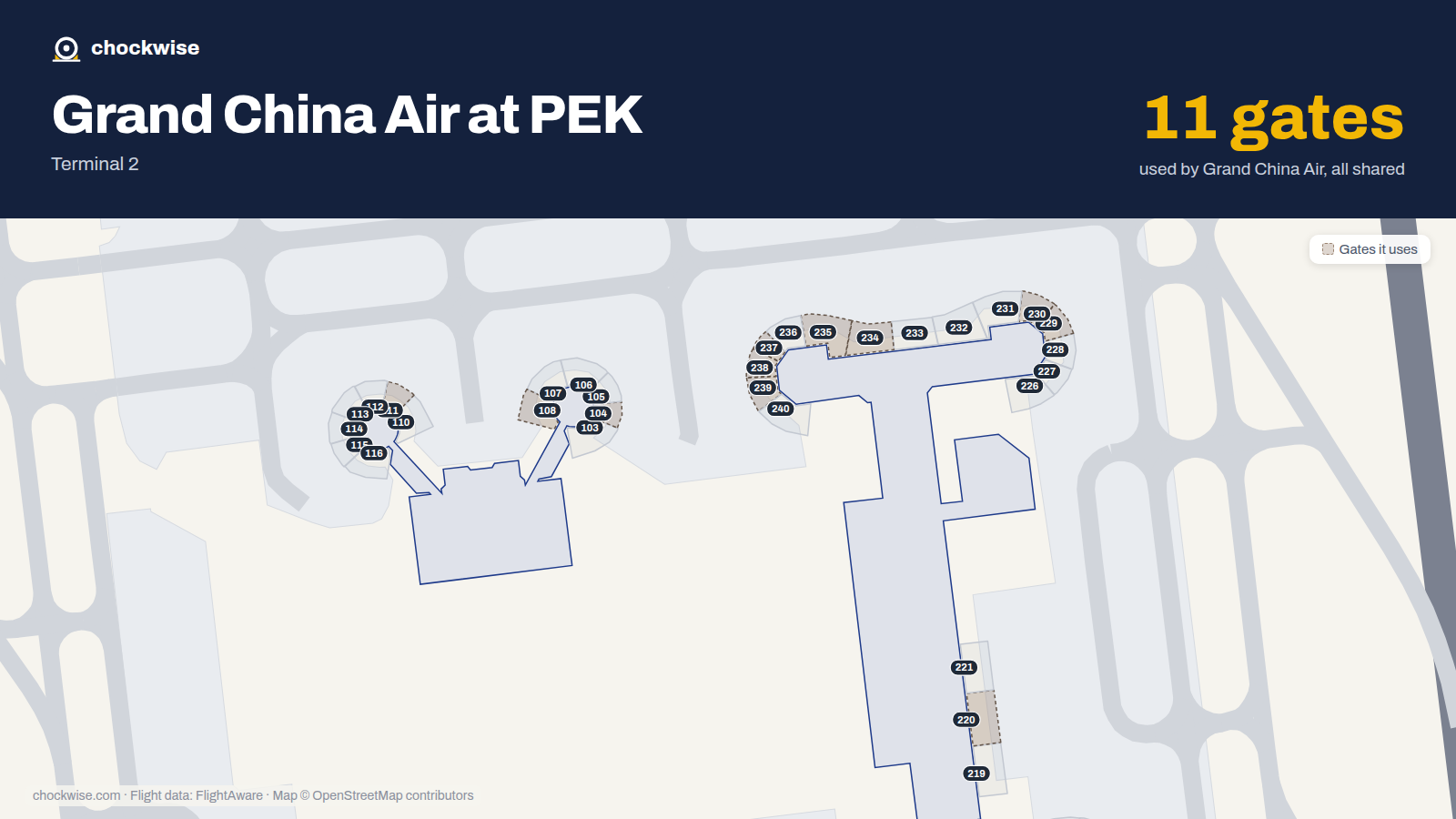 Map of PEK with the gates Grand China Air uses highlighted: 104, 108, 111, 220, 229, 230, 234, 235 and 3 more.