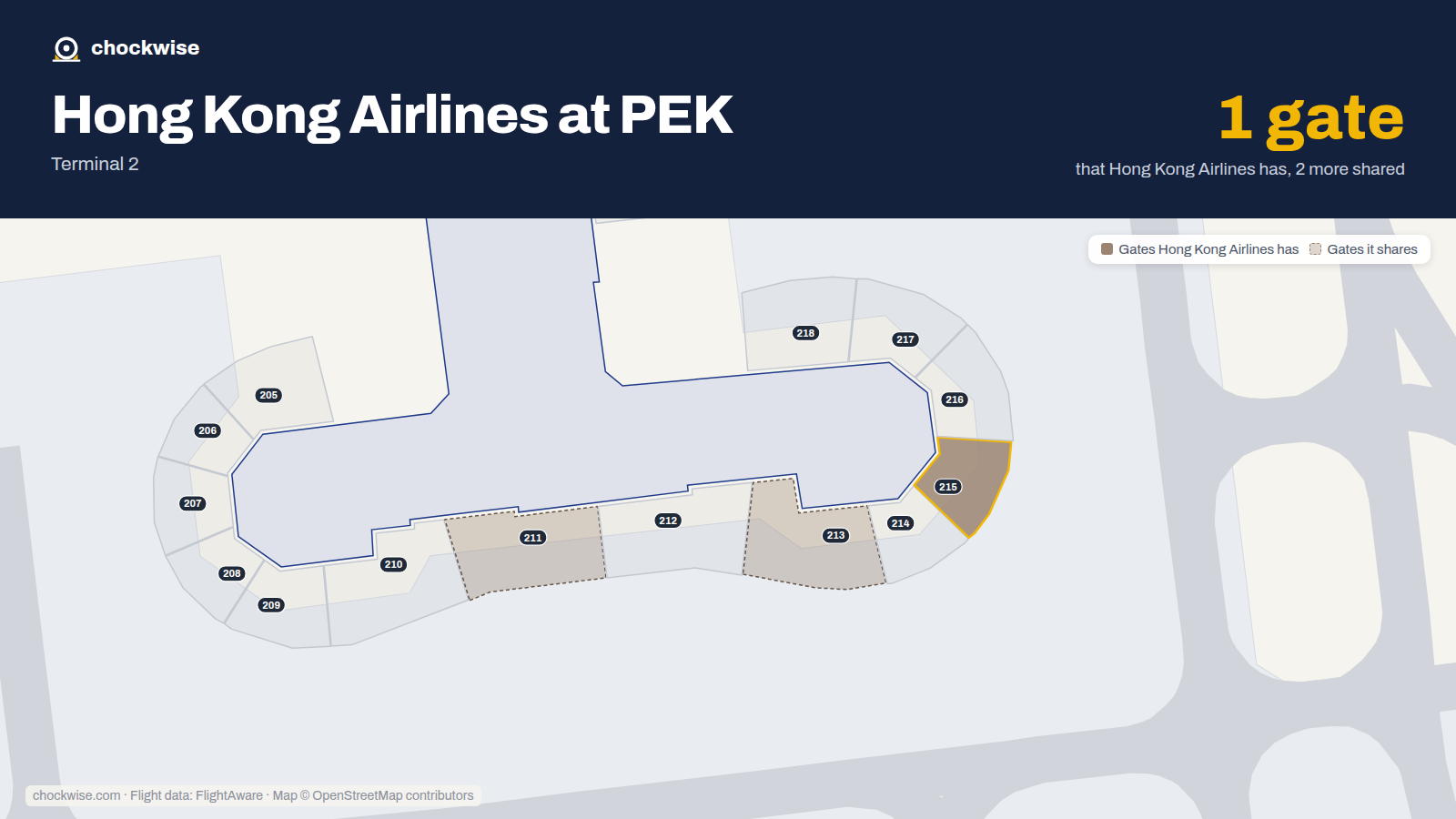 Map of PEK with the gates Hong Kong Airlines uses highlighted: 215.