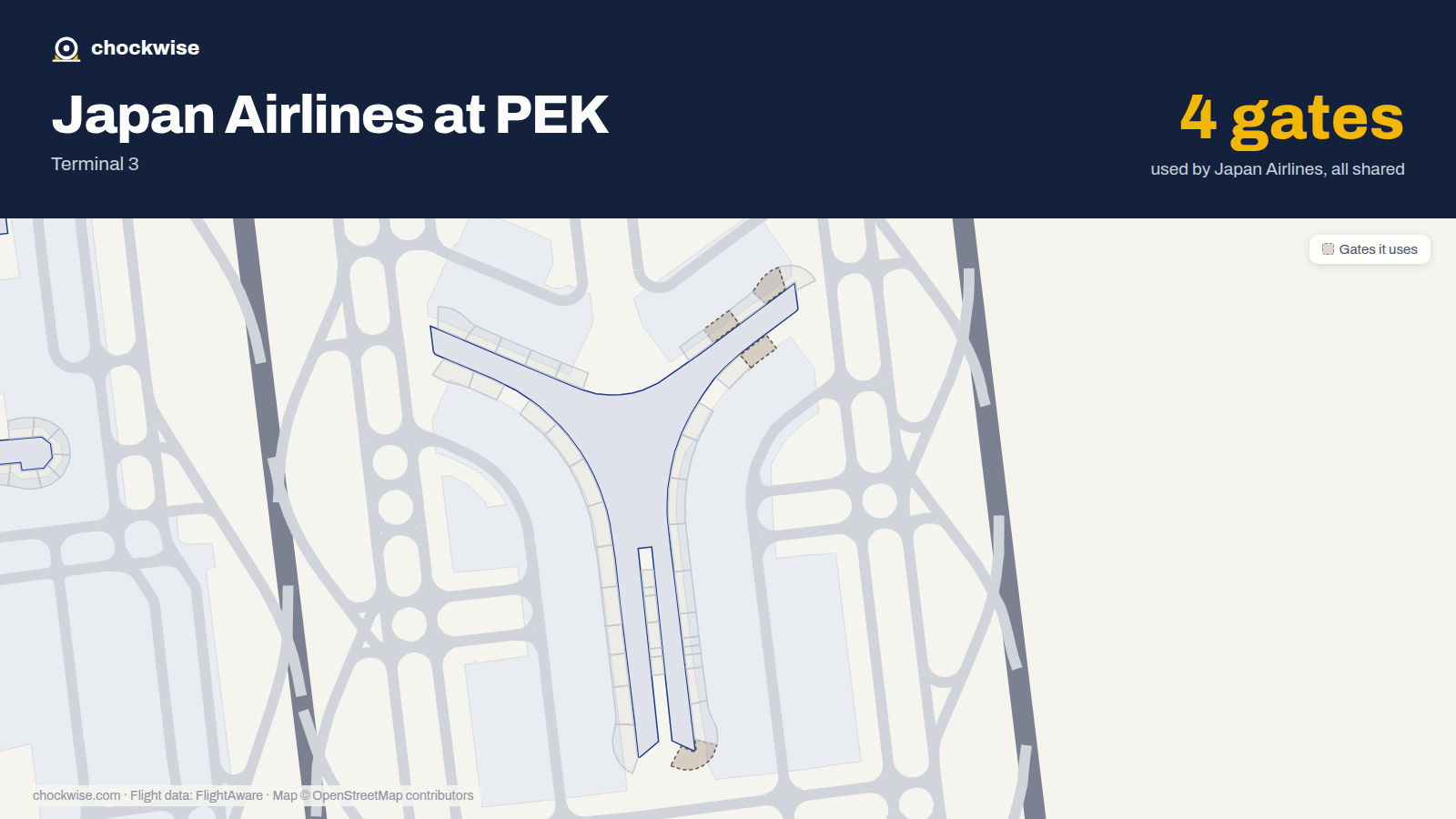Map of PEK with the gates Japan Airlines uses highlighted: E01, E14, E16 and E18.