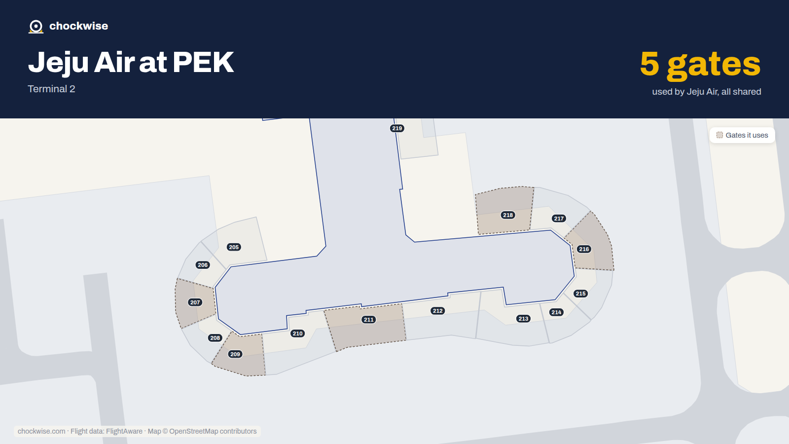 Map of PEK with the gates Jeju Air uses highlighted: 207, 209, 211, 216 and 218.