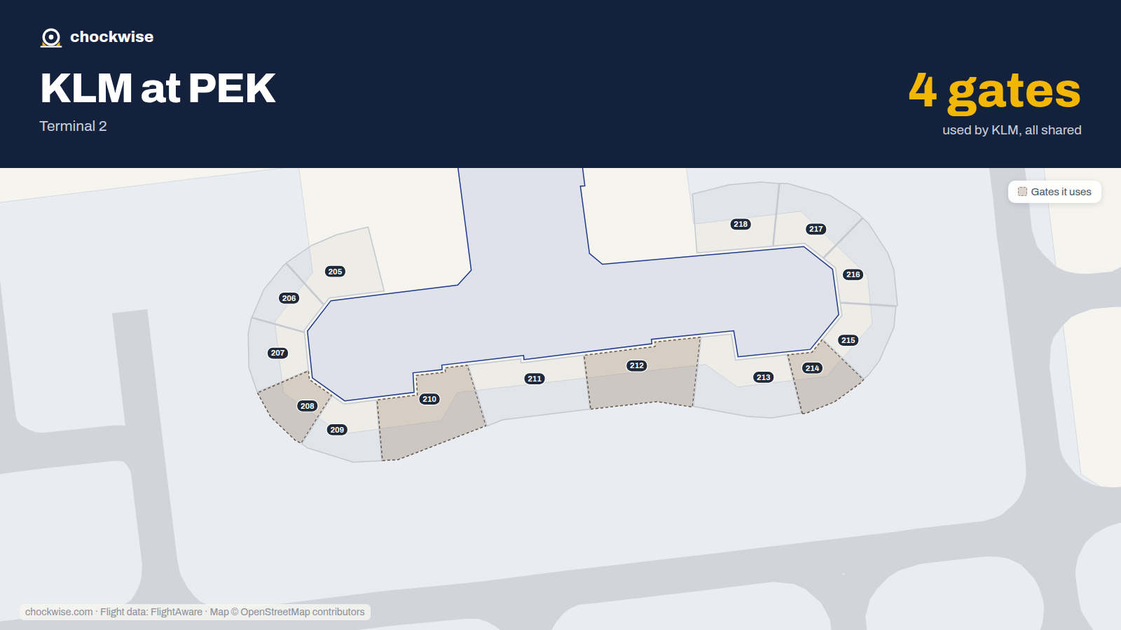 Map of PEK with the gates KLM uses highlighted: 208, 210, 212 and 214.