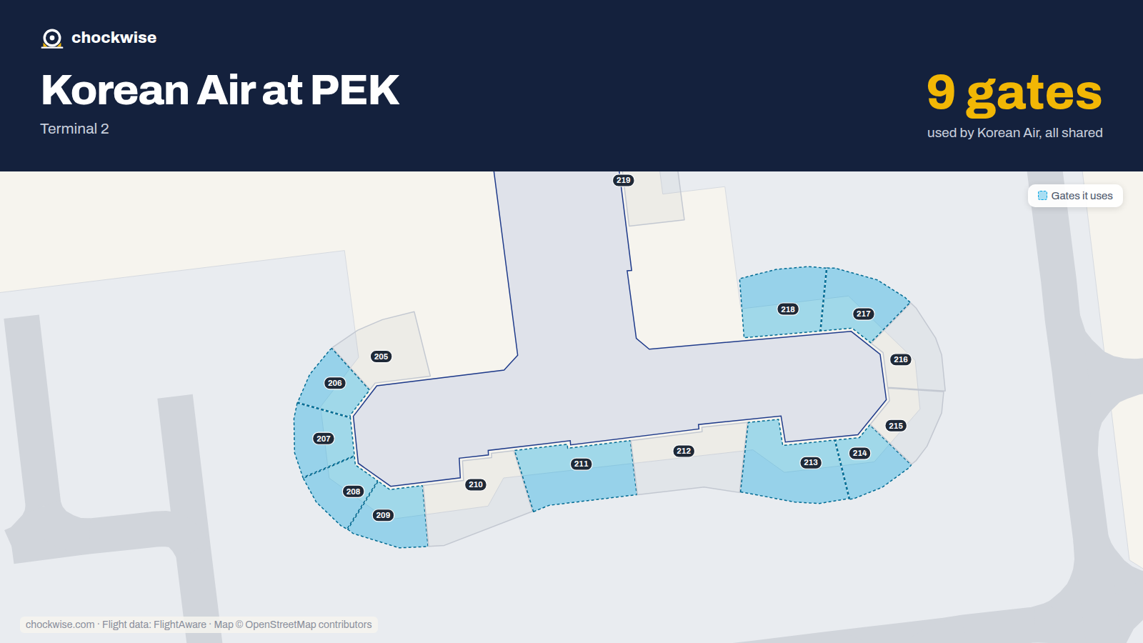 Map of PEK with the gates Korean Air uses highlighted: 206, 207, 208, 209, 211, 213, 214, 217 and 1 more.