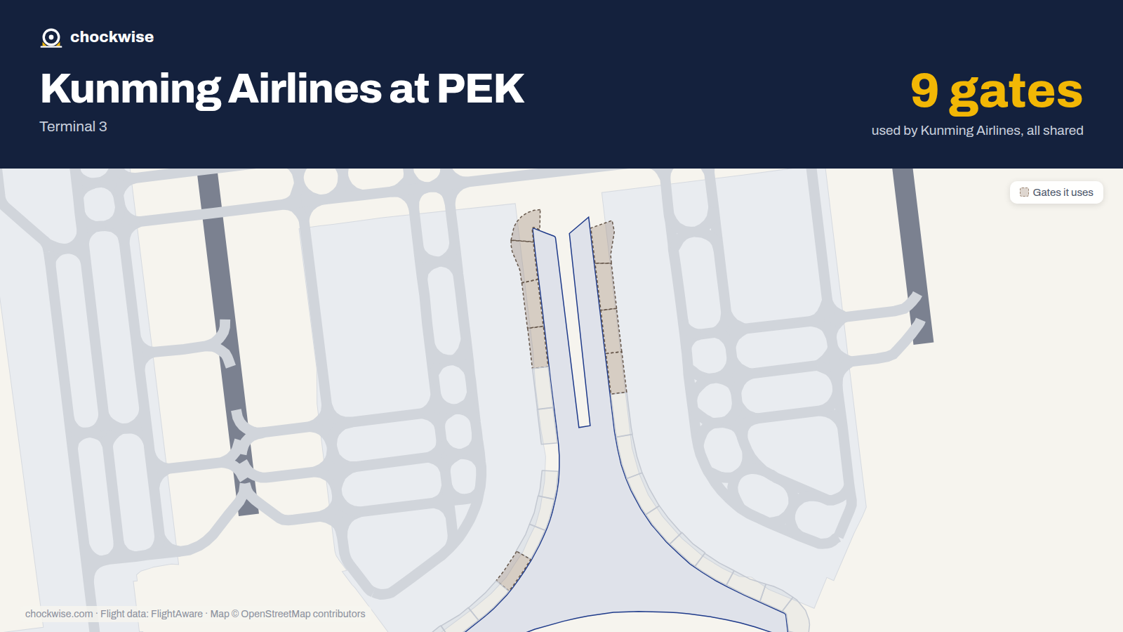 Map of PEK with the gates Kunming Airlines uses highlighted: C11, C13, C15, C17, C19, C21, C23, C25 and 1 more.