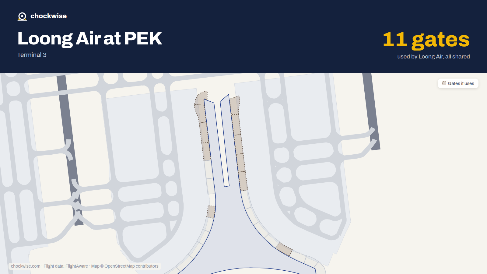 Map of PEK with the gates Loong Air uses highlighted: C04, C09, C11, C13, C15, C17, C19, C21 and 3 more.