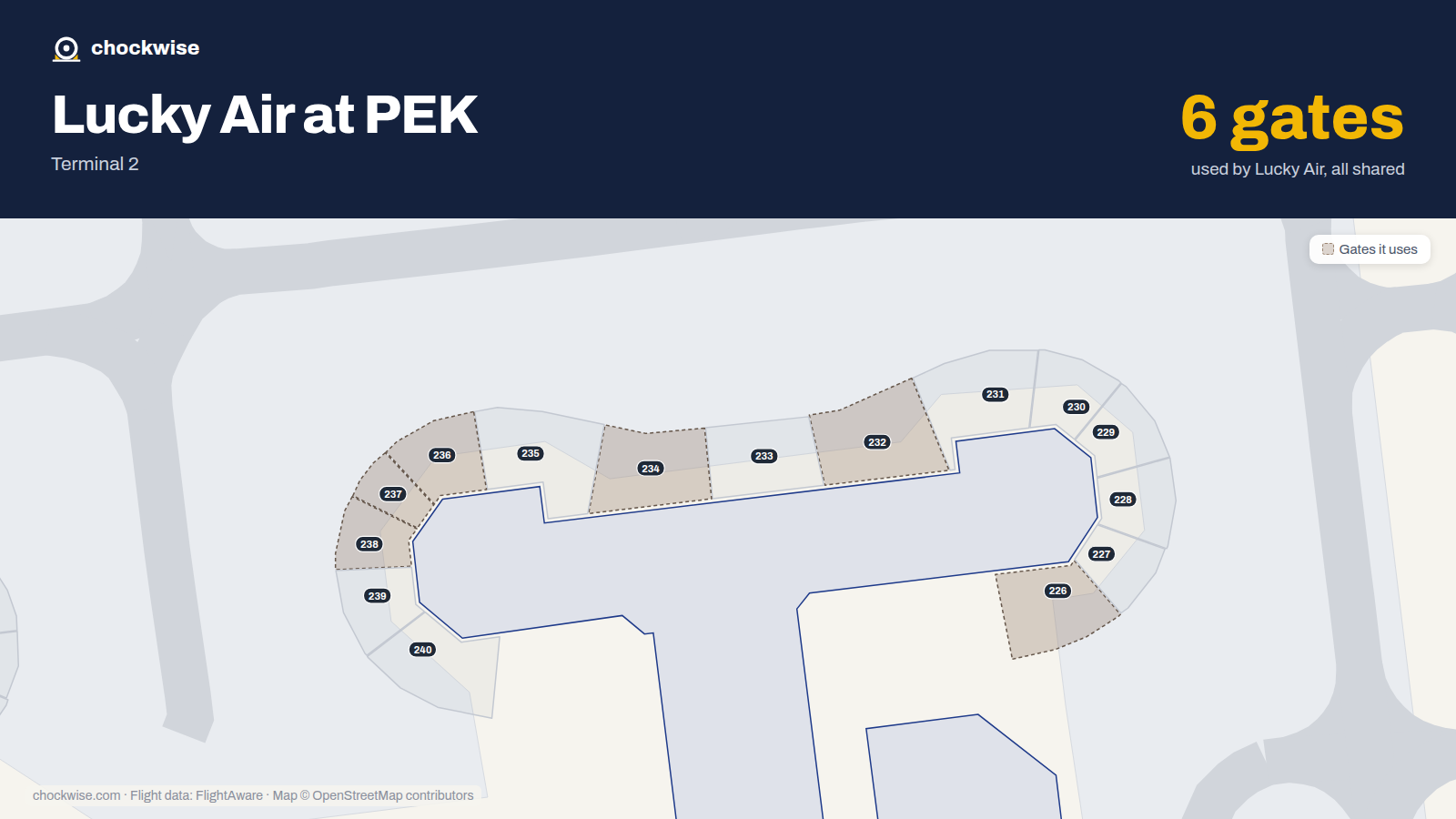 Map of PEK with the gates Lucky Air uses highlighted: 226, 232, 234, 236, 237 and 238.