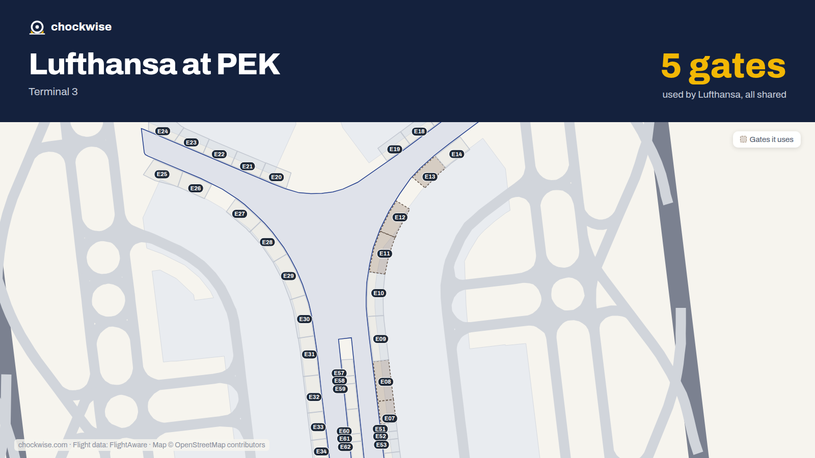 Map of PEK with the gates Lufthansa uses highlighted: E07, E08, E11, E12 and E13.