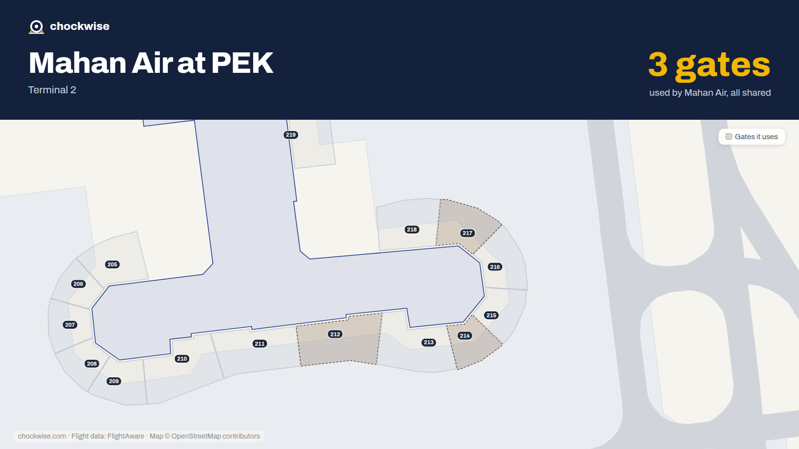 Map of PEK with the gates Mahan Air uses highlighted: 212, 214 and 217.