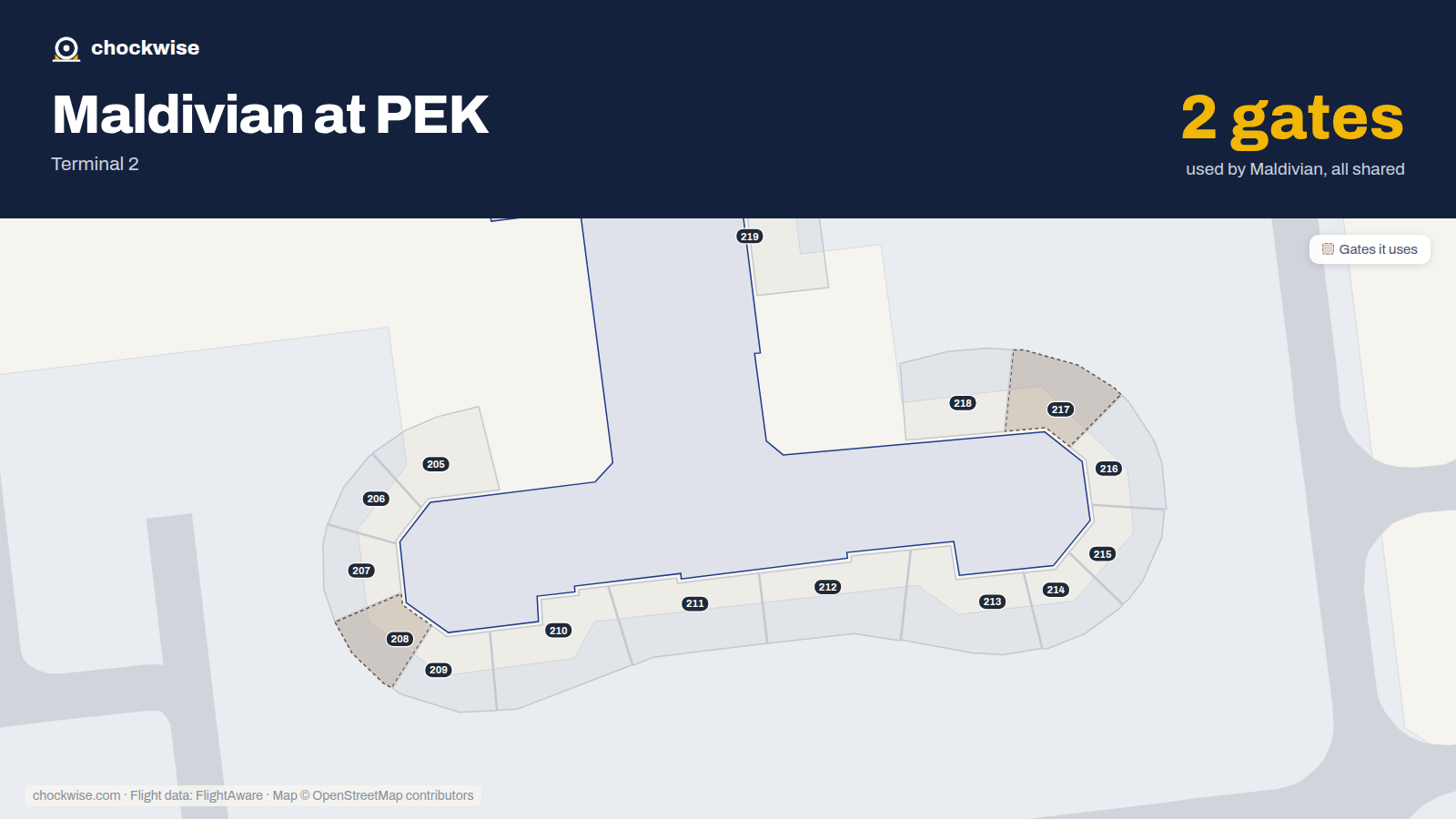 Map of PEK with the gates Maldivian uses highlighted: 208 and 217.