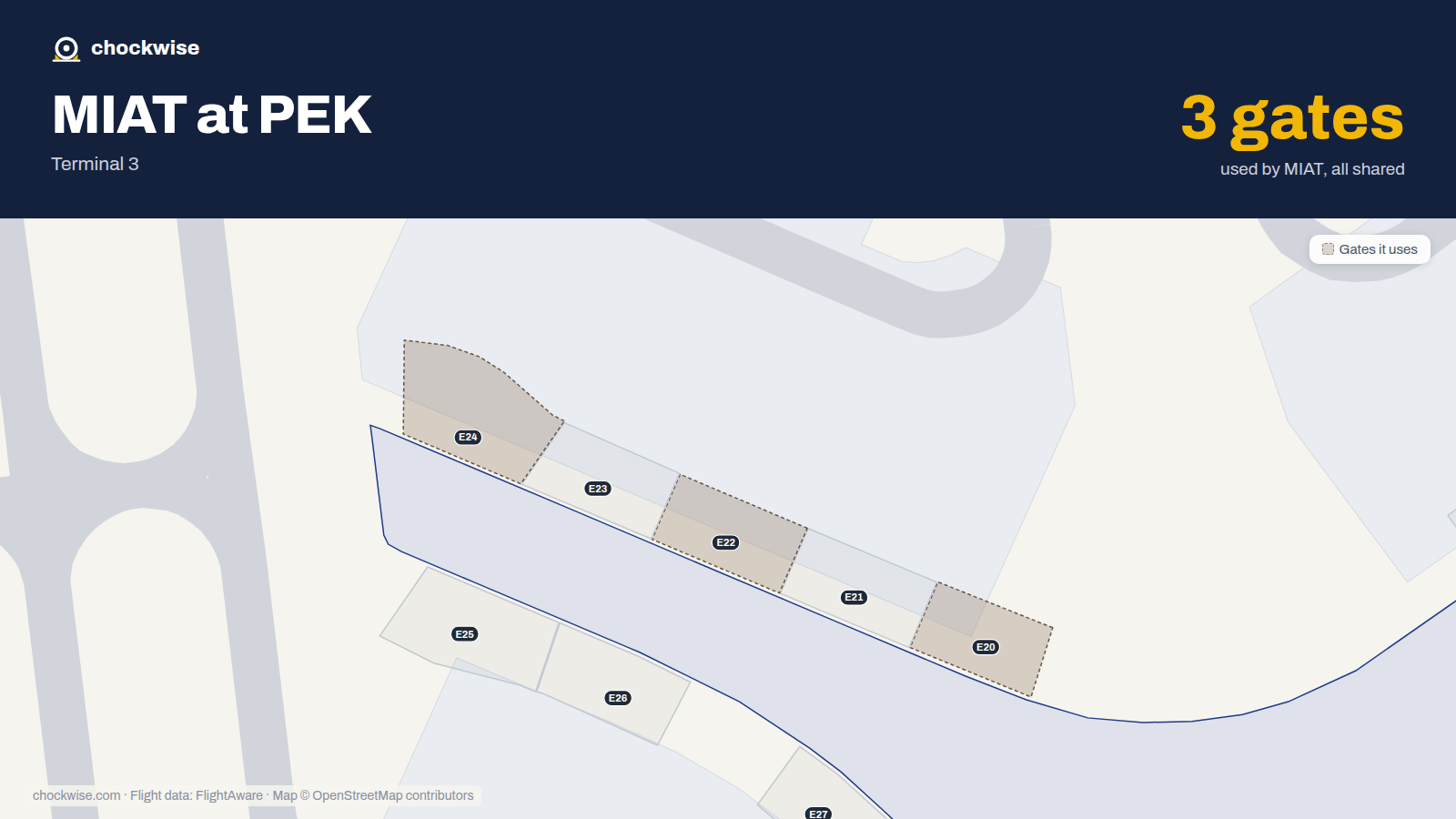 Map of PEK with the gates MIAT Mongolian Airlines uses highlighted: E20, E22 and E24.
