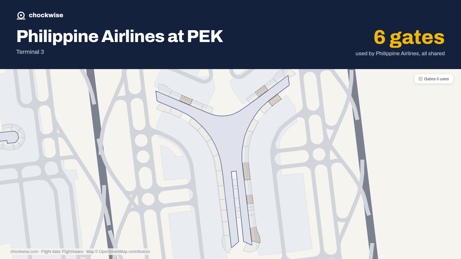 Map of PEK with the gates Philippine Airlines uses highlighted: E03, E07, E09, E14, E18 and E22.