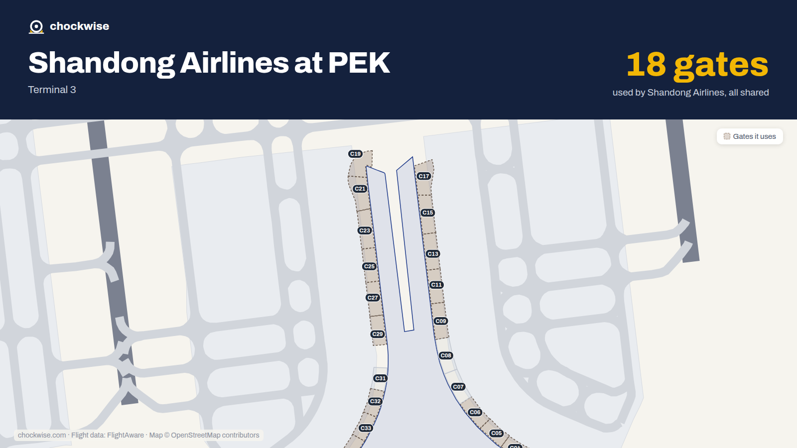 Map of PEK with the gates Shandong Airlines uses highlighted: C03, C04, C05, C06, C09, C11, C13, C15 and 10 more.
