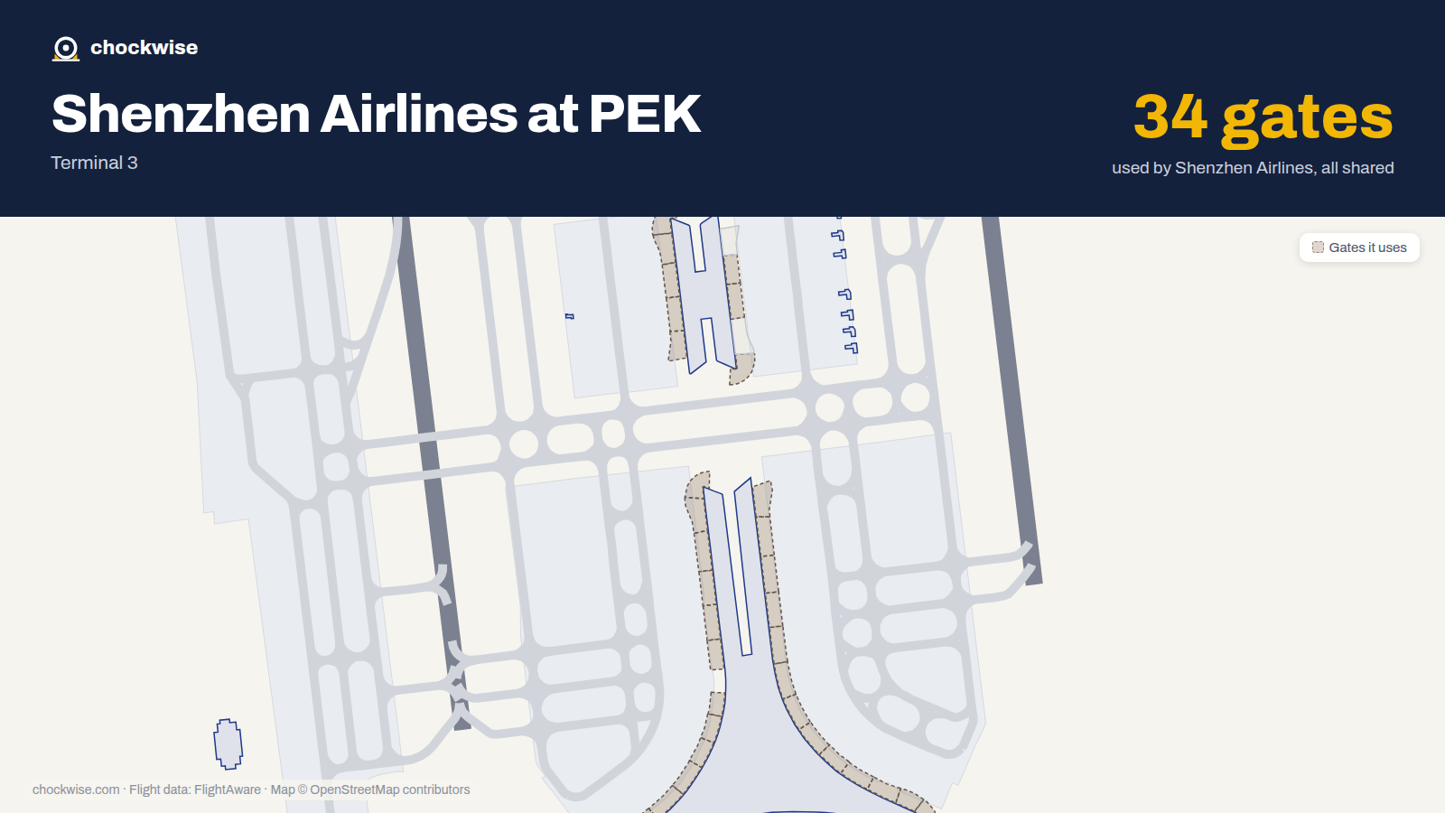 Map of PEK with the gates Shenzhen Airlines uses highlighted: C01, D01, C02, C03, C04, C05, D05, C06 and 27 more.