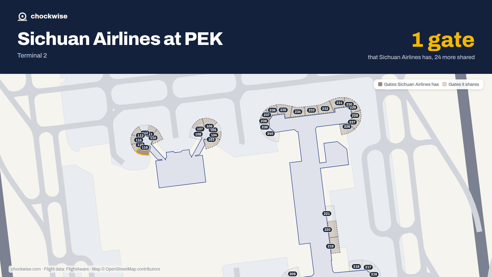 Map of PEK with the gates Sichuan Airlines uses highlighted: 116.