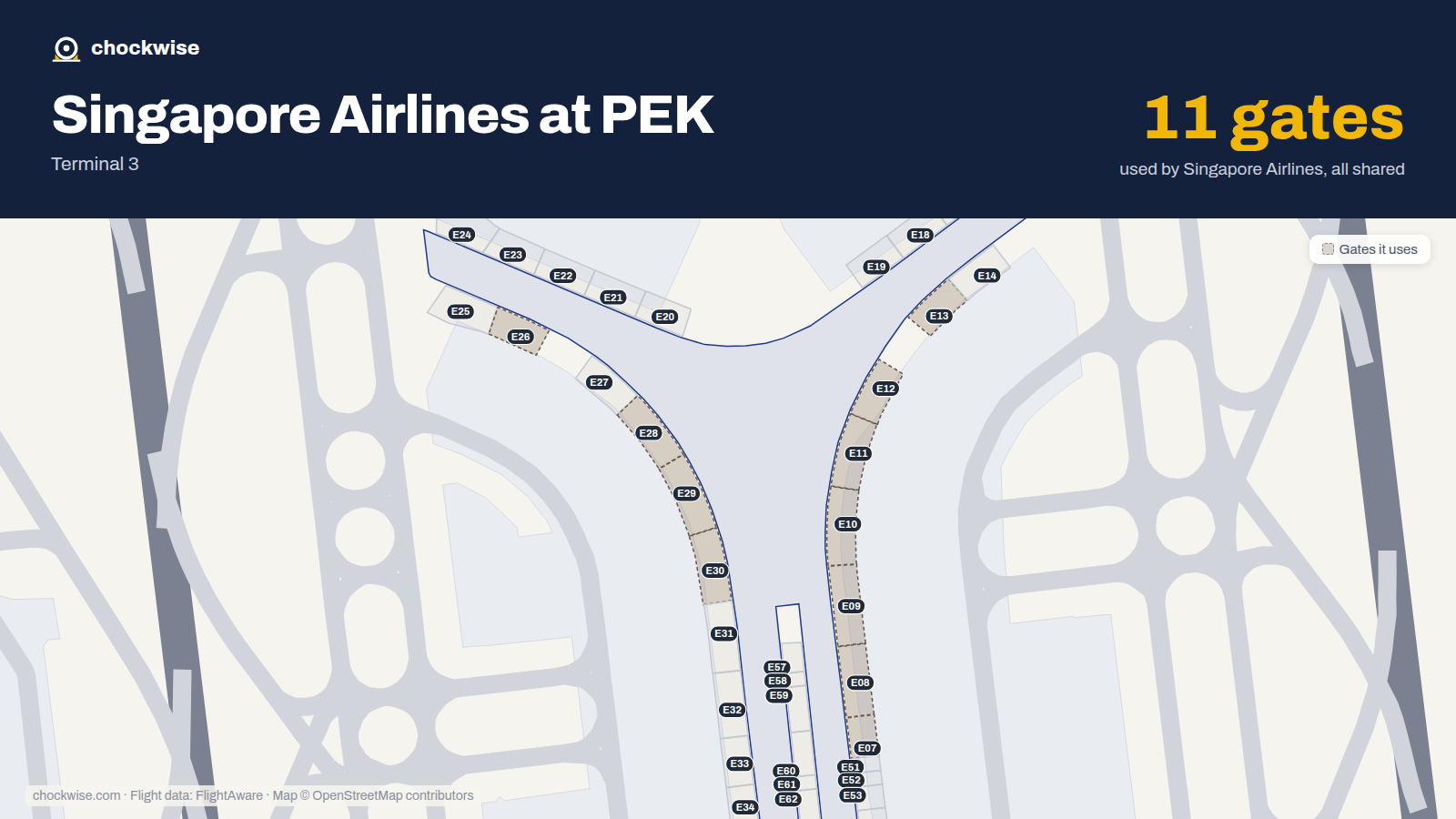 Map of PEK with the gates Singapore Airlines uses highlighted: E07, E08, E09, E10, E11, E12, E13, E26 and 3 more.