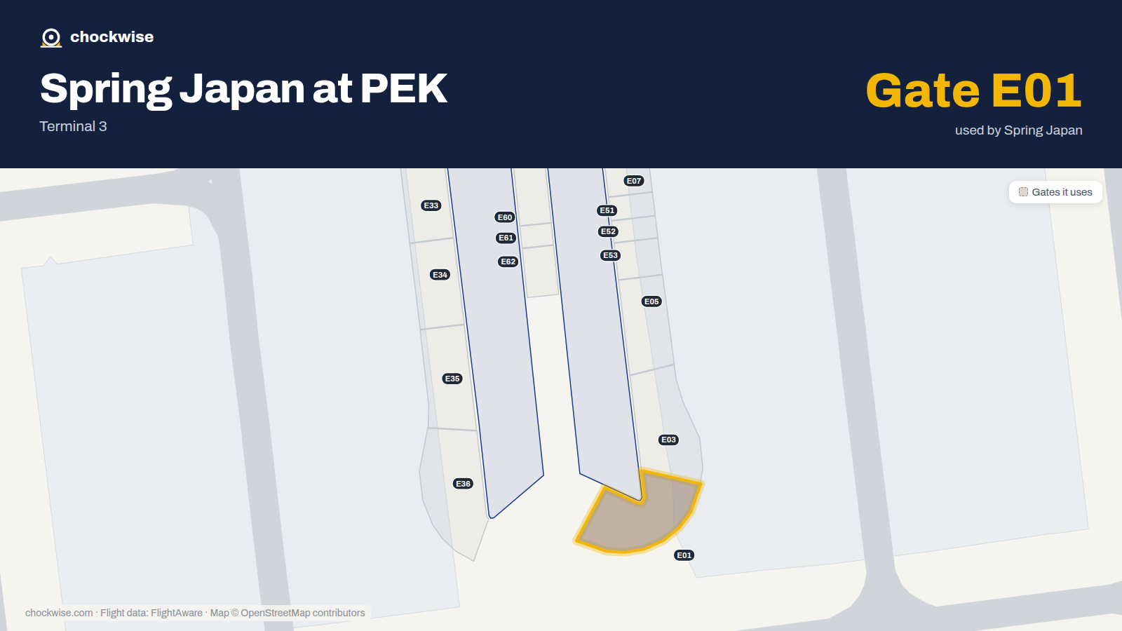 Map of PEK with the gates Spring Japan uses highlighted: E01.