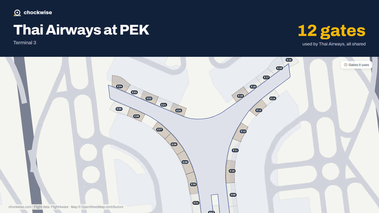 Map of PEK with the gates Thai Airways uses highlighted: E10, E12, E13, E19, E20, E22, E24, E26 and 4 more.