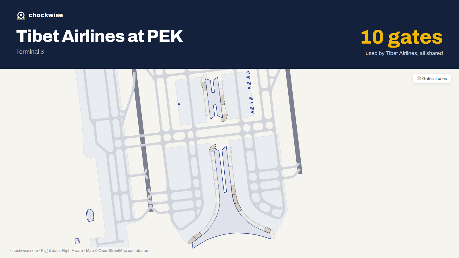 Map of PEK with the gates Tibet Airlines uses highlighted: D01, C02, D05, C07, C08, C09, D09, C19 and 2 more.