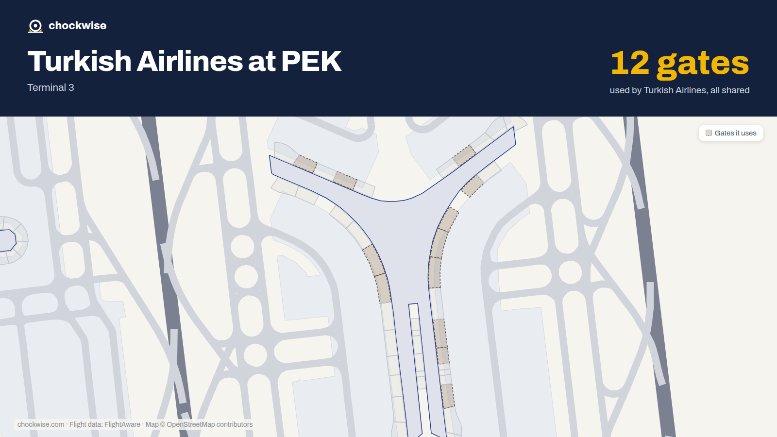 Map of PEK with the gates Turkish Airlines uses highlighted: E05, E07, E08, E10, E11, E12, E13, E18 and 4 more.