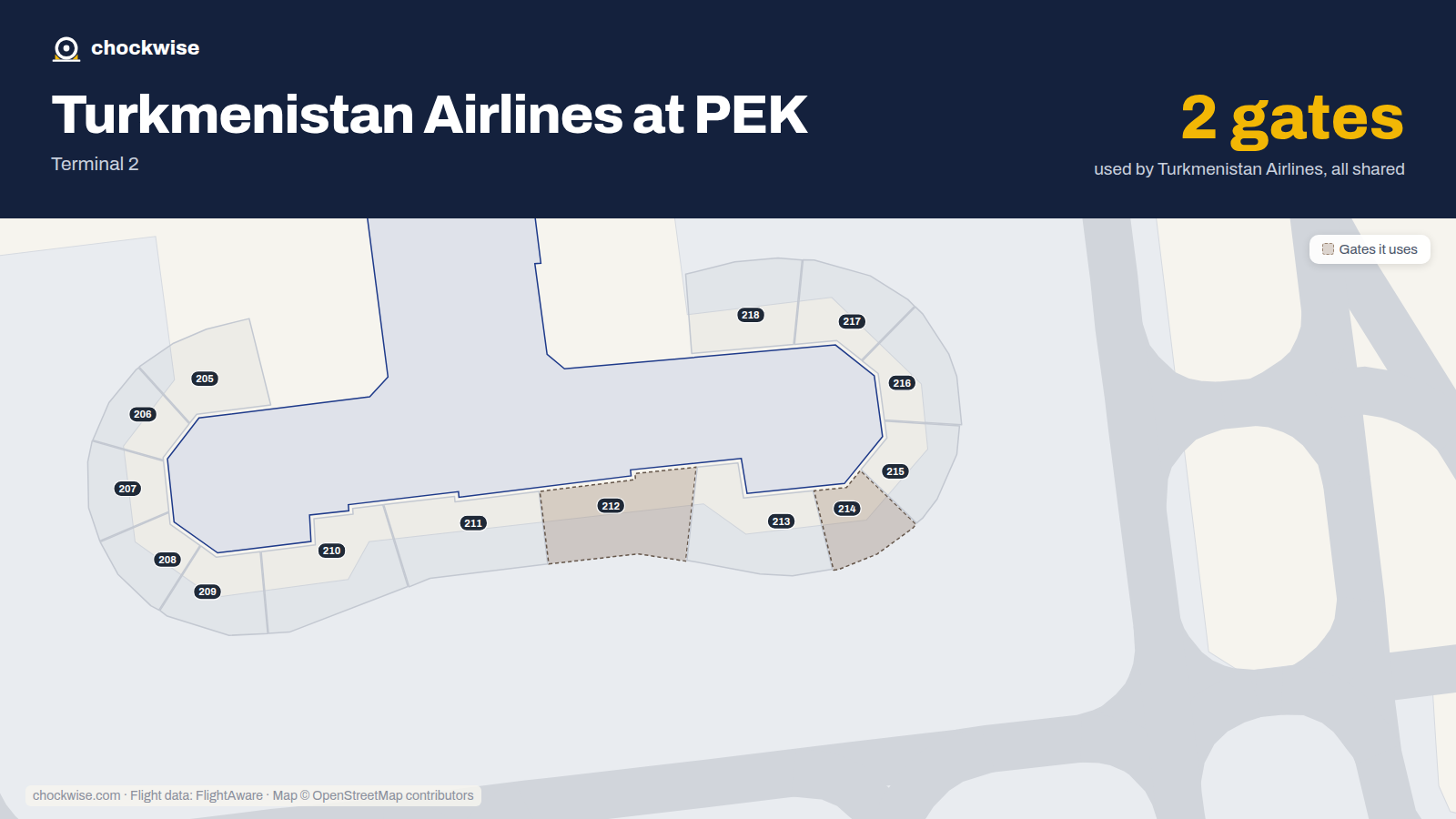 Map of PEK with the gates Turkmenistan Airlines uses highlighted: 212 and 214.