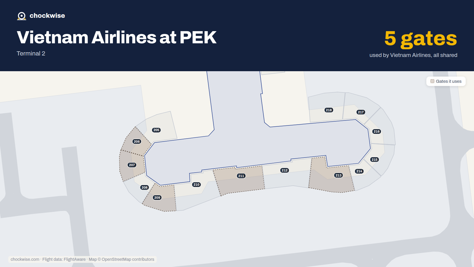 Map of PEK with the gates Vietnam Airlines uses highlighted: 206, 207, 209, 211 and 213.