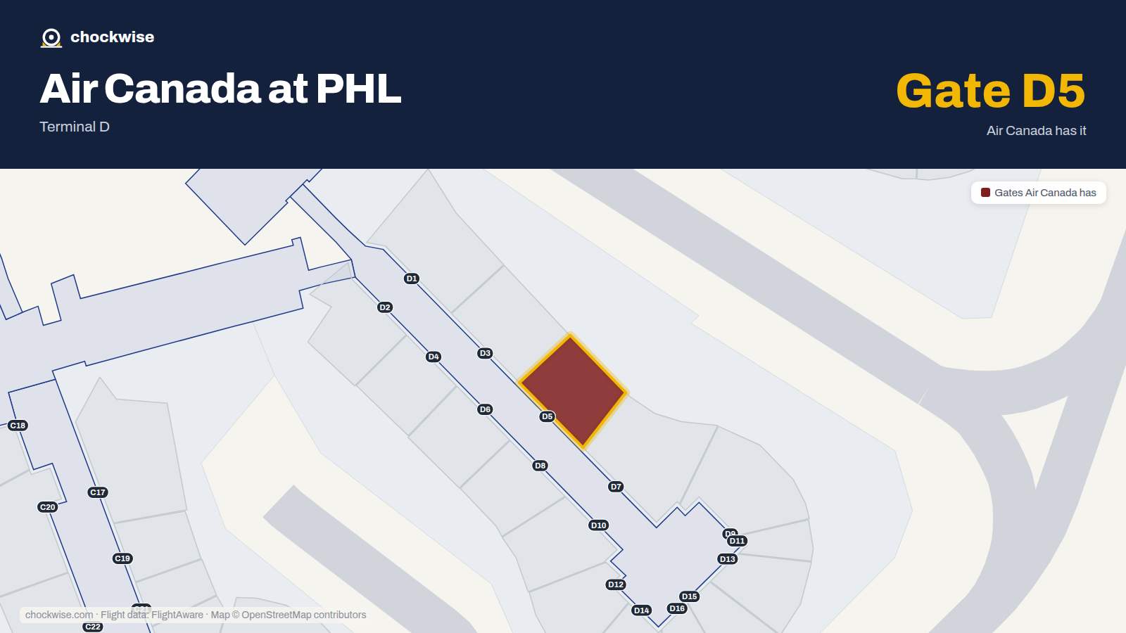 Map of PHL with the gates Air Canada uses highlighted: D5.