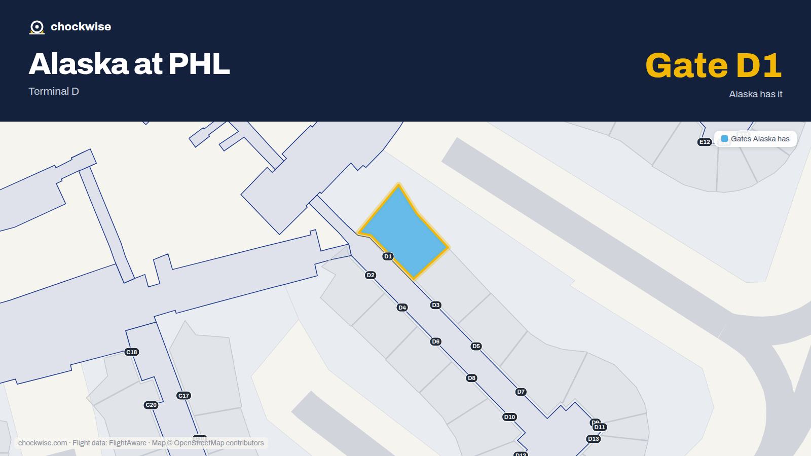 Map of PHL with the gates Alaska Airlines uses highlighted: D1.