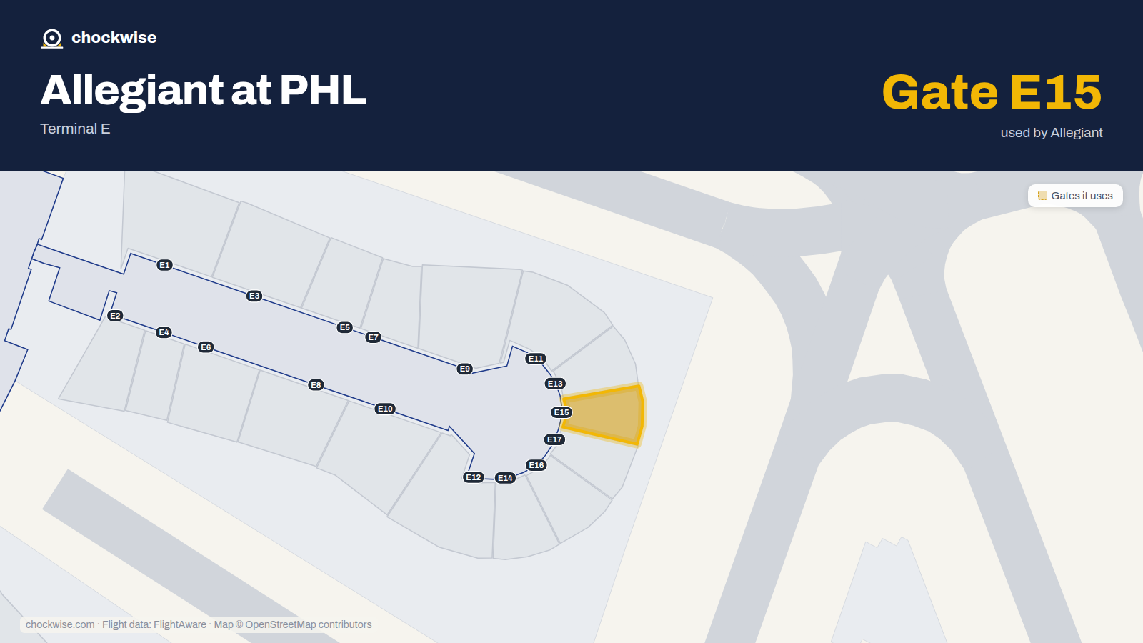 Map of PHL with the gates Allegiant Air uses highlighted: E15.