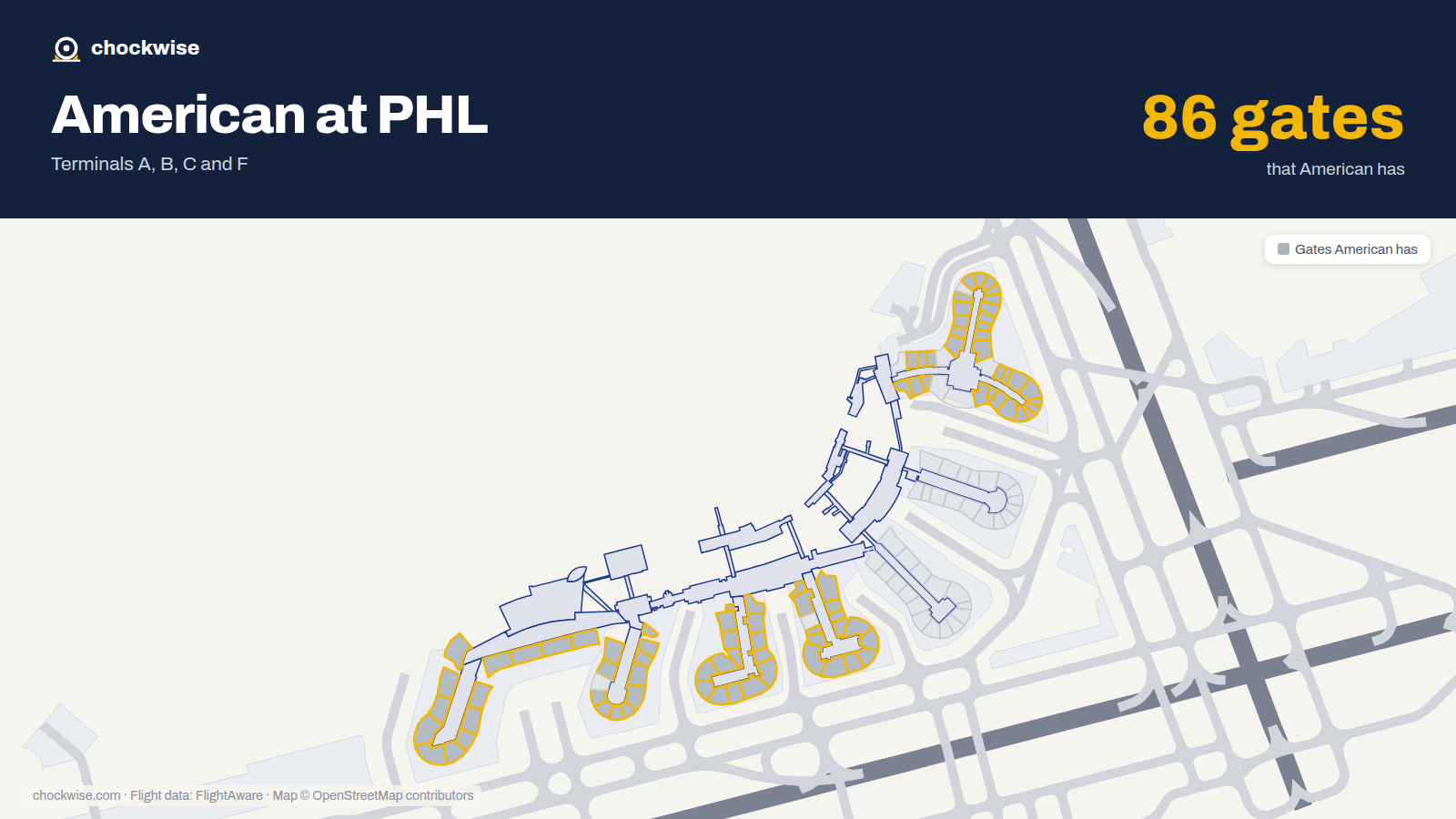 Map of PHL with the gates American Airlines uses highlighted: B1, A2, B2, F2, A3, B3, F3, A4 and 78 more.