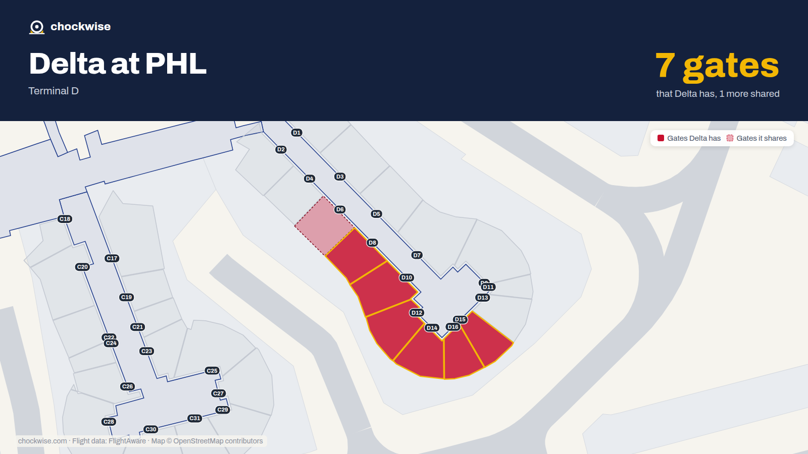 Map of PHL with the gates Delta Air Lines uses highlighted: D8, D10, D12, D14, D15 and D16.