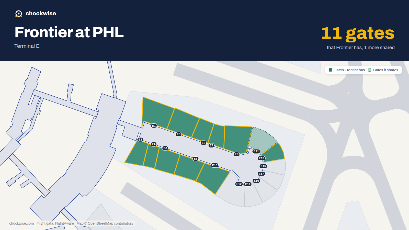 Map of PHL with the gates Frontier Airlines uses highlighted: E1, E2, E3, E4, E5, E6, E7, E8 and 3 more.