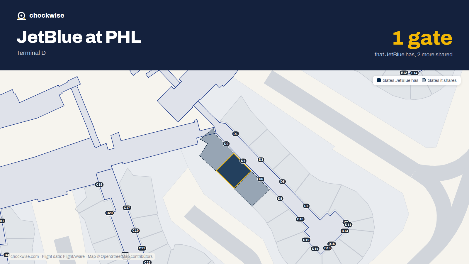 Map of PHL with the gates JetBlue uses highlighted: D4.