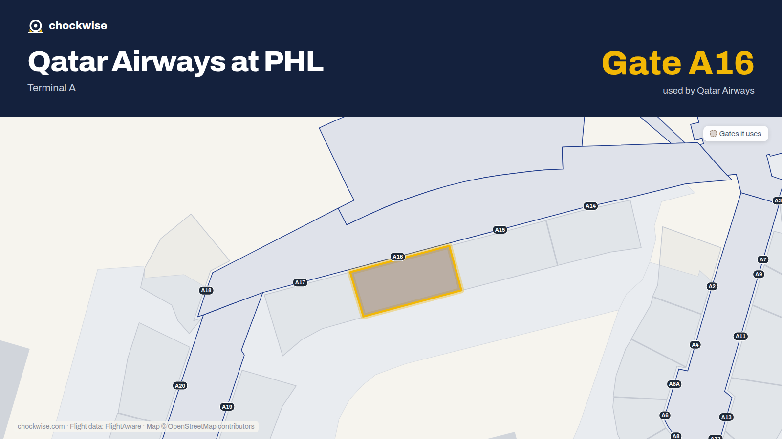 Map of PHL with the gates Qatar Airways uses highlighted: A16.